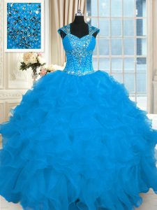 Inexpensive Ball Gowns Quinceanera Dresses Aqua Blue Straps Organza Cap Sleeves Floor Length Lace Up