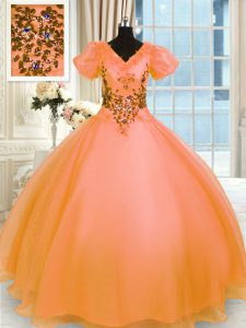 Fashionable Orange Sweet 16 Quinceanera Dress Military Ball and Sweet 16 and Quinceanera and For with Appliques V-neck Short Sleeves Lace Up