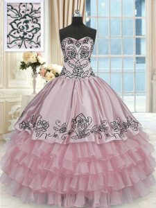 Floor Length Pink Sweet 16 Dress Organza and Taffeta Sleeveless Beading and Embroidery and Ruffled Layers