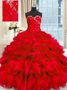Eye-catching Red Sweetheart Neckline Beading and Ruffles Sweet 16 Quinceanera Dress Sleeveless Lace Up