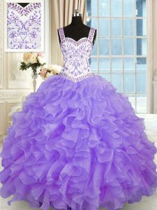 Fancy Organza Sweetheart Sleeveless Lace Up Beading and Appliques and Ruffles 15 Quinceanera Dress in Lavender