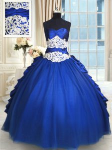 Stunning Sleeveless Floor Length Beading and Lace and Appliques and Ruffles and Pick Ups Lace Up Quinceanera Gown with Royal Blue