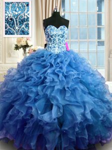 Dramatic Blue Ball Gowns Sweetheart Sleeveless Organza Floor Length Lace Up Beading and Ruffles Quince Ball Gowns