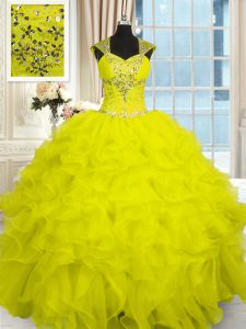 Exquisite Cap Sleeves Floor Length Beading and Ruffles Lace Up 15th Birthday Dress with Yellow