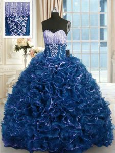 Fabulous Navy Blue Sweetheart Lace Up Beading and Ruffles 15 Quinceanera Dress Brush Train Sleeveless