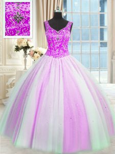 Fabulous Sequins Floor Length Multi-color Vestidos de Quinceanera V-neck Sleeveless Lace Up