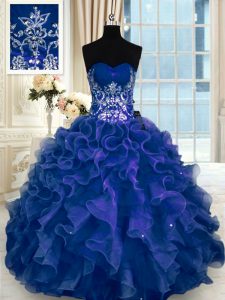 Affordable Ball Gowns Quince Ball Gowns Navy Blue Sweetheart Organza Sleeveless Floor Length Lace Up