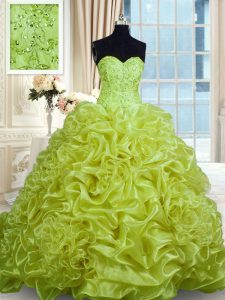 Exquisite Pick Ups With Train Ball Gowns Sleeveless Olive Green Vestidos de Damas Sweep Train Lace Up