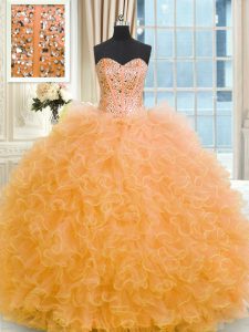 Cheap Sleeveless Tulle Floor Length Lace Up Quinceanera Court of Honor Dress in Orange with Beading and Ruffles