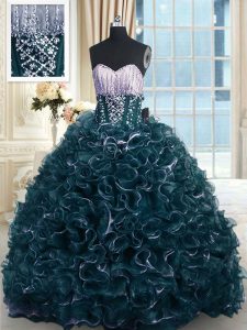 Wonderful Sleeveless Organza With Brush Train Lace Up Quinceanera Dress in Teal with Beading and Ruffles