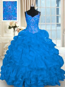 Pick Ups Brush Train Ball Gowns Quince Ball Gowns Blue Spaghetti Straps Organza Sleeveless Lace Up