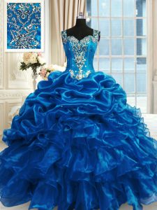 Sweet Blue Organza Lace Up Straps Sleeveless Floor Length Quinceanera Dress Beading and Ruffles