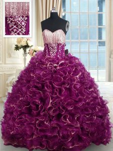 Stunning Organza Sleeveless With Train Party Dress for Girls Brush Train and Beading and Ruffles
