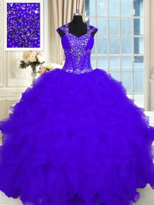 Simple Purple Lace Up Straps Beading and Ruffles 15 Quinceanera Dress Organza Cap Sleeves