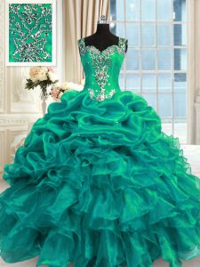 Customized Turquoise Ball Gowns Straps Sleeveless Organza Floor Length Lace Up Beading and Ruffles and Pick Ups Quince Ball Gowns