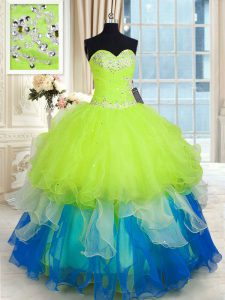 Custom Made Beading and Ruffles Quinceanera Gowns Multi-color Lace Up Sleeveless Floor Length