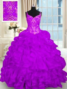 Smart Sleeveless Brush Train Lace Up Beading and Embroidery and Ruffles 15 Quinceanera Dress