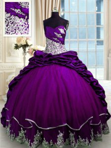 Purple Ball Gowns Sweetheart Sleeveless Taffeta With Brush Train Lace Up Beading and Appliques and Pick Ups Party Dresses
