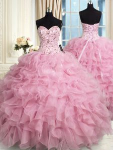 Suitable Sweetheart Sleeveless Lace Up Sweet 16 Quinceanera Dress Rose Pink Organza