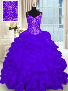 Purple Quince Ball Gowns Organza Brush Train Sleeveless Beading and Embroidery and Ruffles and Pick Ups