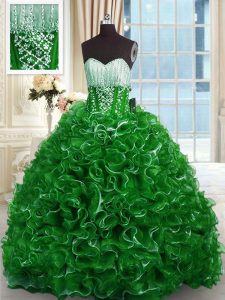 Green Ball Gowns Sweetheart Sleeveless Organza With Brush Train Lace Up Beading and Ruffles Quinceanera Dresses