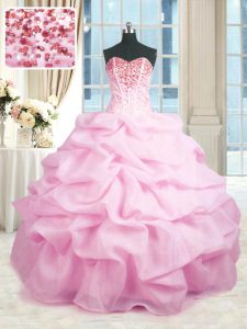 Fabulous Pink Ball Gowns Organza Sweetheart Sleeveless Beading and Ruffles Floor Length Lace Up Sweet 16 Dresses
