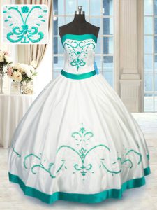 Exquisite White Strapless Neckline Beading and Embroidery Quinceanera Gown Sleeveless Lace Up