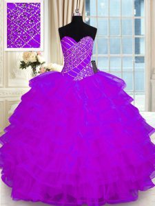 Elegant Sleeveless Organza Floor Length Lace Up Quince Ball Gowns in Purple with Beading and Ruffled Layers