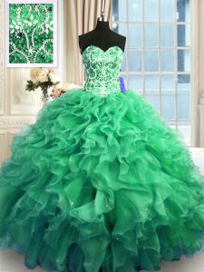 High Quality Beading and Ruffles Quince Ball Gowns Turquoise Lace Up Sleeveless Floor Length