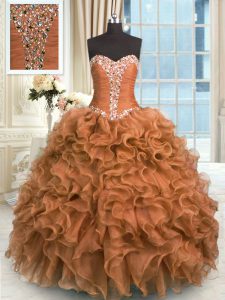 Modest Brown Ball Gowns Sweetheart Sleeveless Organza Floor Length Lace Up Beading and Ruffles Sweet 16 Quinceanera Dress