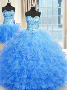 Simple Three Piece Baby Blue Tulle Lace Up Strapless Sleeveless Floor Length Sweet 16 Dresses Beading and Ruffles