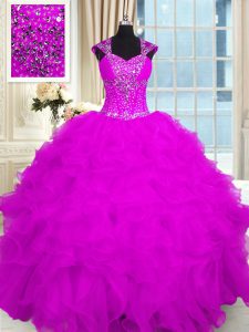 Extravagant Ball Gowns Ball Gown Prom Dress Fuchsia Straps Organza Cap Sleeves Floor Length Lace Up