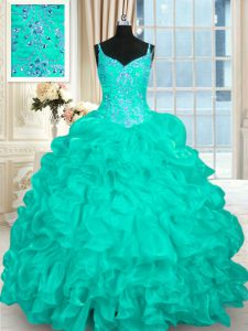 Brush Train Ball Gowns Quinceanera Gown Turquoise Spaghetti Straps Organza Sleeveless Lace Up