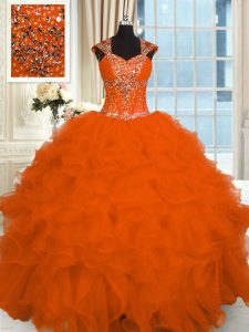 Orange Red Ball Gowns Beading and Ruffles Sweet 16 Dress Lace Up Organza Cap Sleeves Floor Length