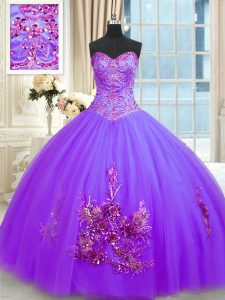 Excellent Sweetheart Sleeveless Quinceanera Gown Floor Length Beading and Appliques and Embroidery Purple Tulle