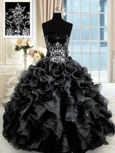 Clearance Sleeveless Floor Length Beading and Ruffles Lace Up Quinceanera Gowns with Black