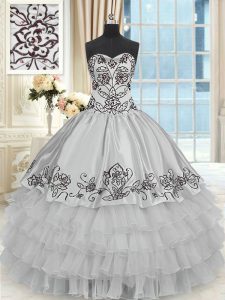 Halter Top Ruffled Grey Sleeveless Organza and Taffeta Lace Up Ball Gown Prom Dress for Military Ball and Sweet 16 and Quinceanera