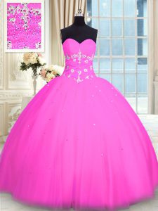 Luxurious Floor Length Lace Up Sweet 16 Dress Pink for Military Ball and Sweet 16 and Quinceanera with Appliques