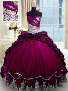 Clearance Lace Up Quinceanera Gowns Fuchsia for Military Ball and Sweet 16 and Quinceanera with Beading and Appliques and Pick Ups Brush Train