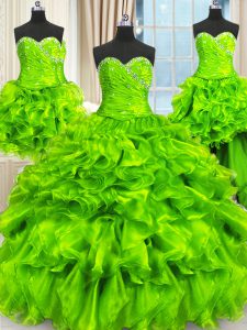 Spectacular Four Piece Sleeveless Beading and Ruffles and Ruching Lace Up Sweet 16 Dress