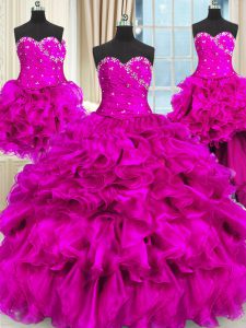 Four Piece Sleeveless Beading and Ruffles and Ruching Lace Up Vestidos de Quinceanera