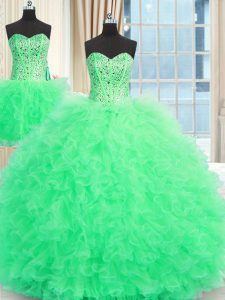 Low Price Three Piece Apple Green Ball Gowns Beading and Ruffles Quinceanera Gowns Lace Up Tulle Sleeveless Floor Length