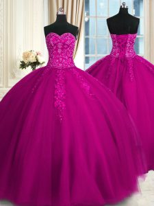 Sweetheart Sleeveless Quinceanera Dress Floor Length Appliques and Embroidery Fuchsia Tulle