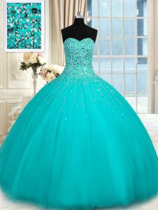 Ball Gowns Quinceanera Dress Aqua Blue Sweetheart Organza Sleeveless Floor Length Lace Up