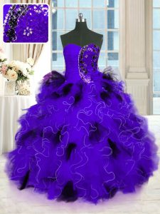 Beautiful Black And Purple Ball Gown Prom Dress Military Ball and Sweet 16 and Quinceanera and Beach and For with Beading and Ruffles Strapless Sleeveless Lace Up