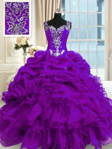 High Quality Purple Straps Neckline Beading and Ruffles and Pick Ups Quinceanera Dresses Sleeveless Lace Up