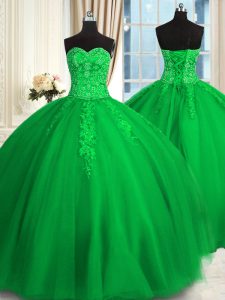 Fancy Tulle Sweetheart Sleeveless Lace Up Appliques and Embroidery Sweet 16 Quinceanera Dress in Green