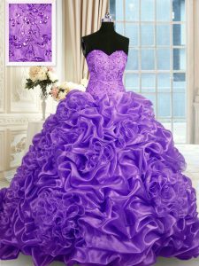 Lavender Lace Up Sweetheart Beading and Pick Ups Sweet 16 Dresses Organza Sleeveless Sweep Train