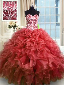 Wine Red Lace Up Sweetheart Beading and Ruffles Quince Ball Gowns Organza Sleeveless
