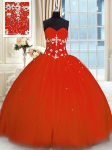 Latest Red Ball Gown Prom Dress Military Ball and Sweet 16 and Quinceanera and For with Appliques Sweetheart Sleeveless Lace Up